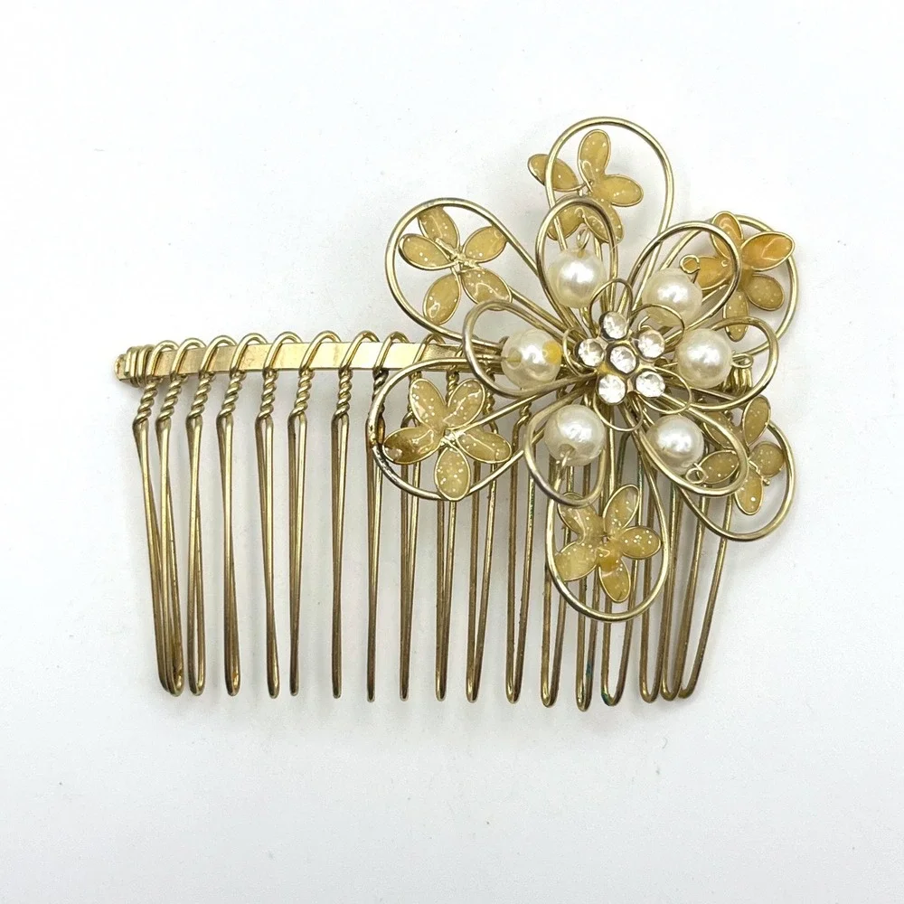 Gold Tone Floral Hair Comb‎ Faux Pearl Rhinestone Wedding Bridal Accessory